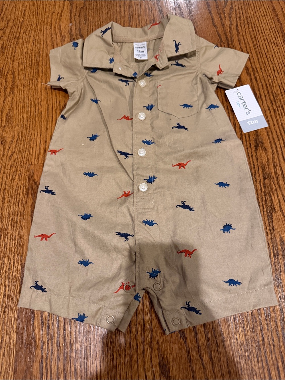 Carter's Tan Short-Sleeve Dino Button Romper